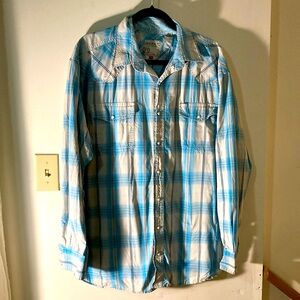 Vintage Roper Western Men’s XL Blue and White Plaid Button-Up Shirt